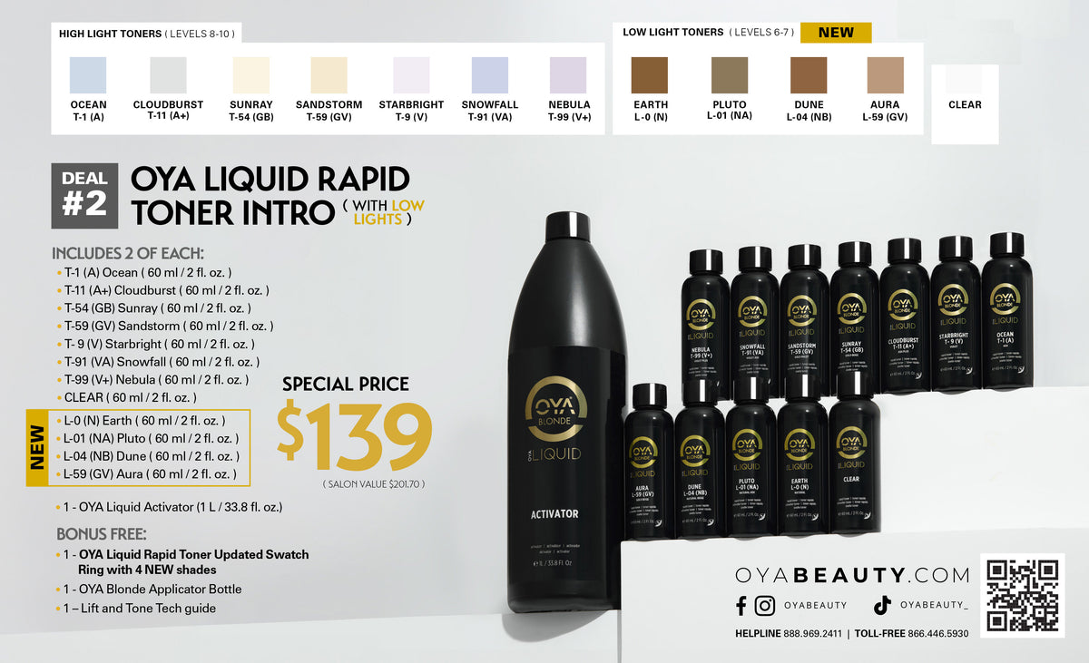 OYA Liquid Rapid Toner Intro Kit with Low Lights - toner shade chart, activator and 24 toner bottles, $139